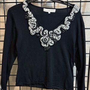 Black V-Neck Sweater with Gray Accents